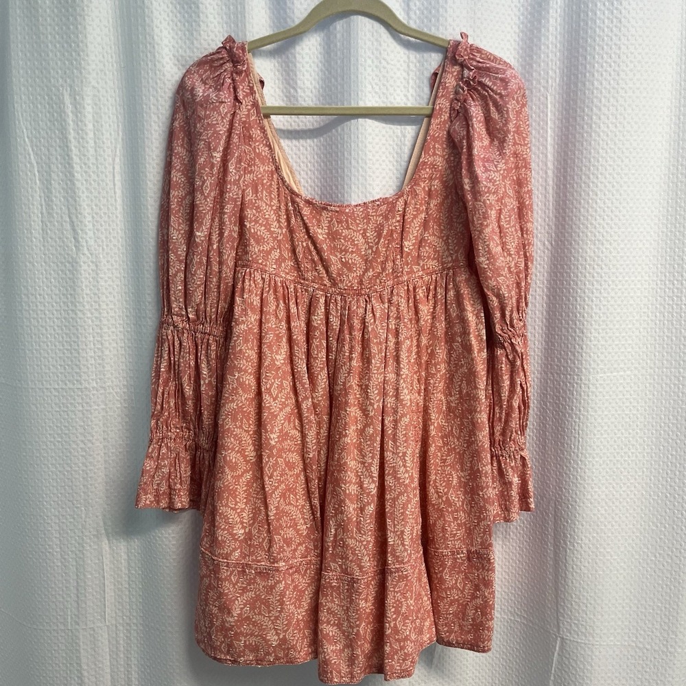 Pilcro Peach & Cream Babydoll Milkmaid Coquette Floral Mini Dress XS Smocked
